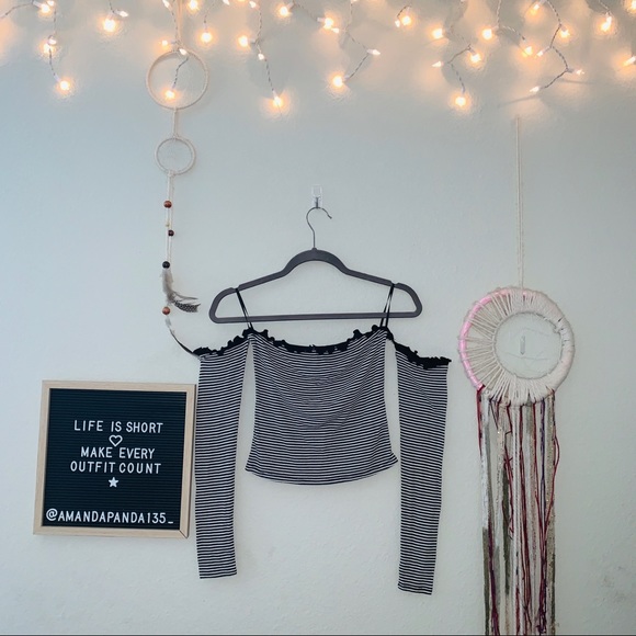 Forever 21 Tops - Striped Off the Shoulder Long-sleeve Crop Top